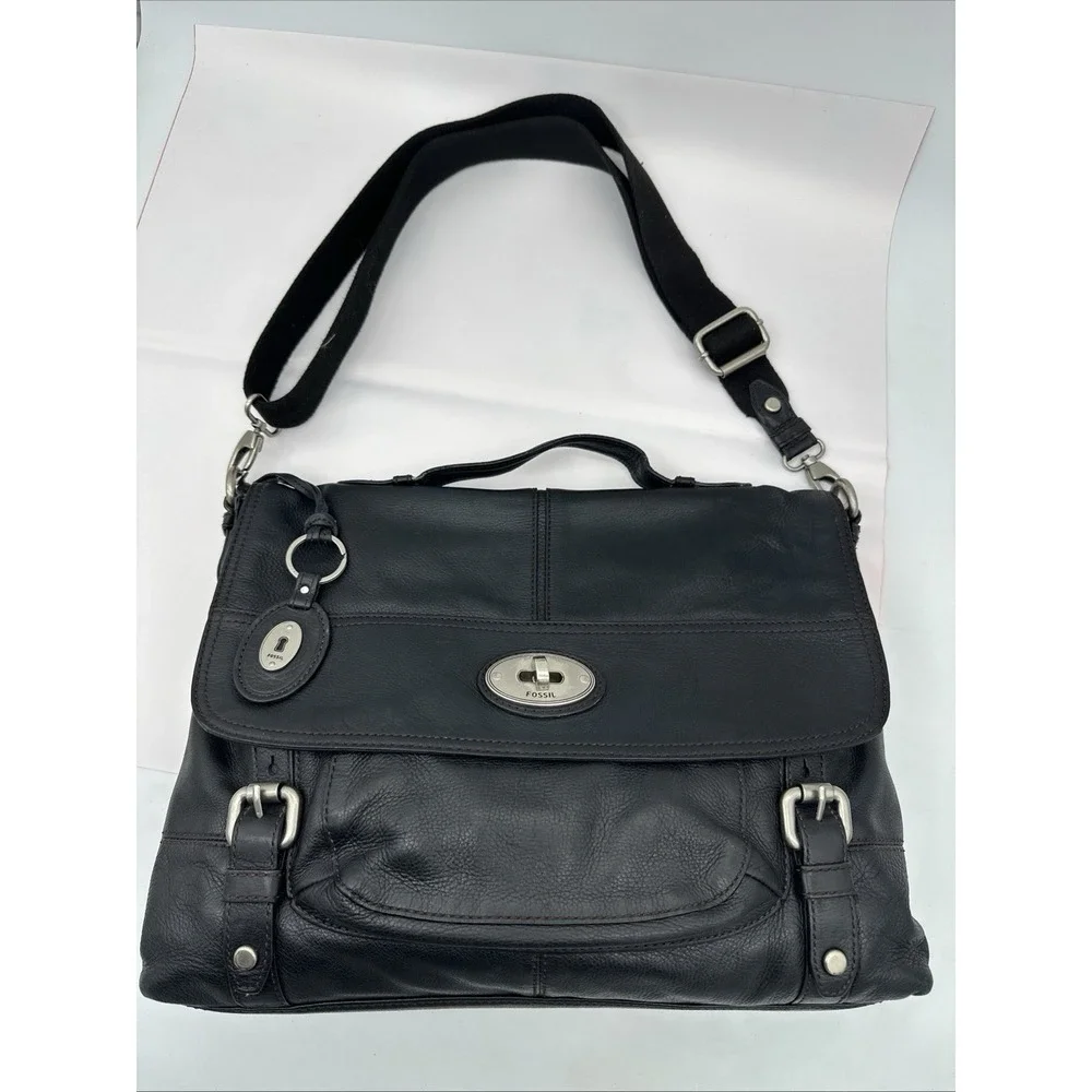 FOSSIL Leather Long Live Vintage 1954 Laptop Tote Shoulder Bag In Black